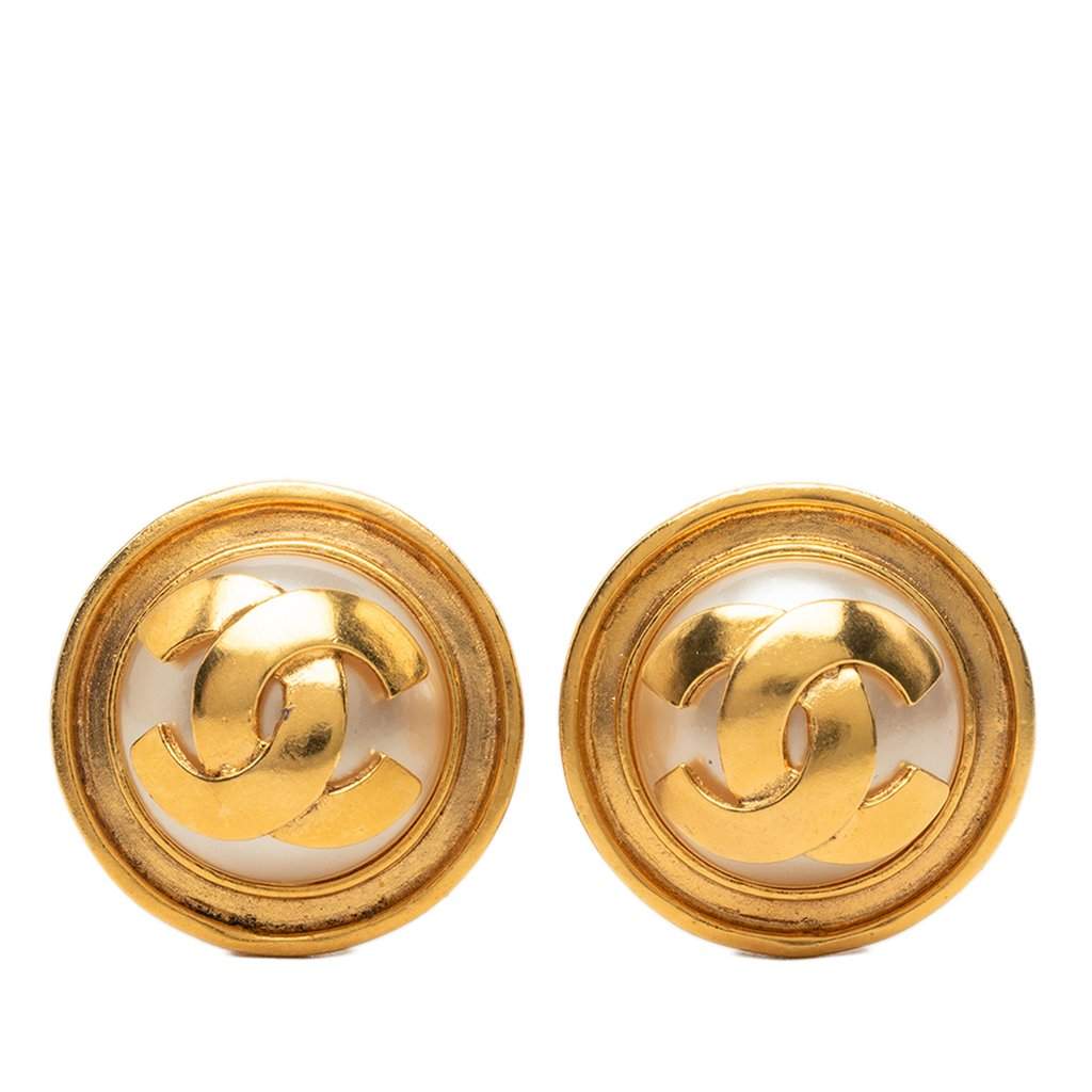 Chanel CC Gold Plated and Faux Pearls Clip On Earrings Gold Metal Very good - Front View