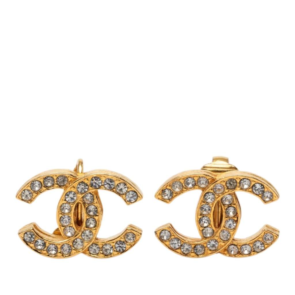 Chanel CC Gold Plated Strass Clip On Earrings Gold Metal Very good - Front View