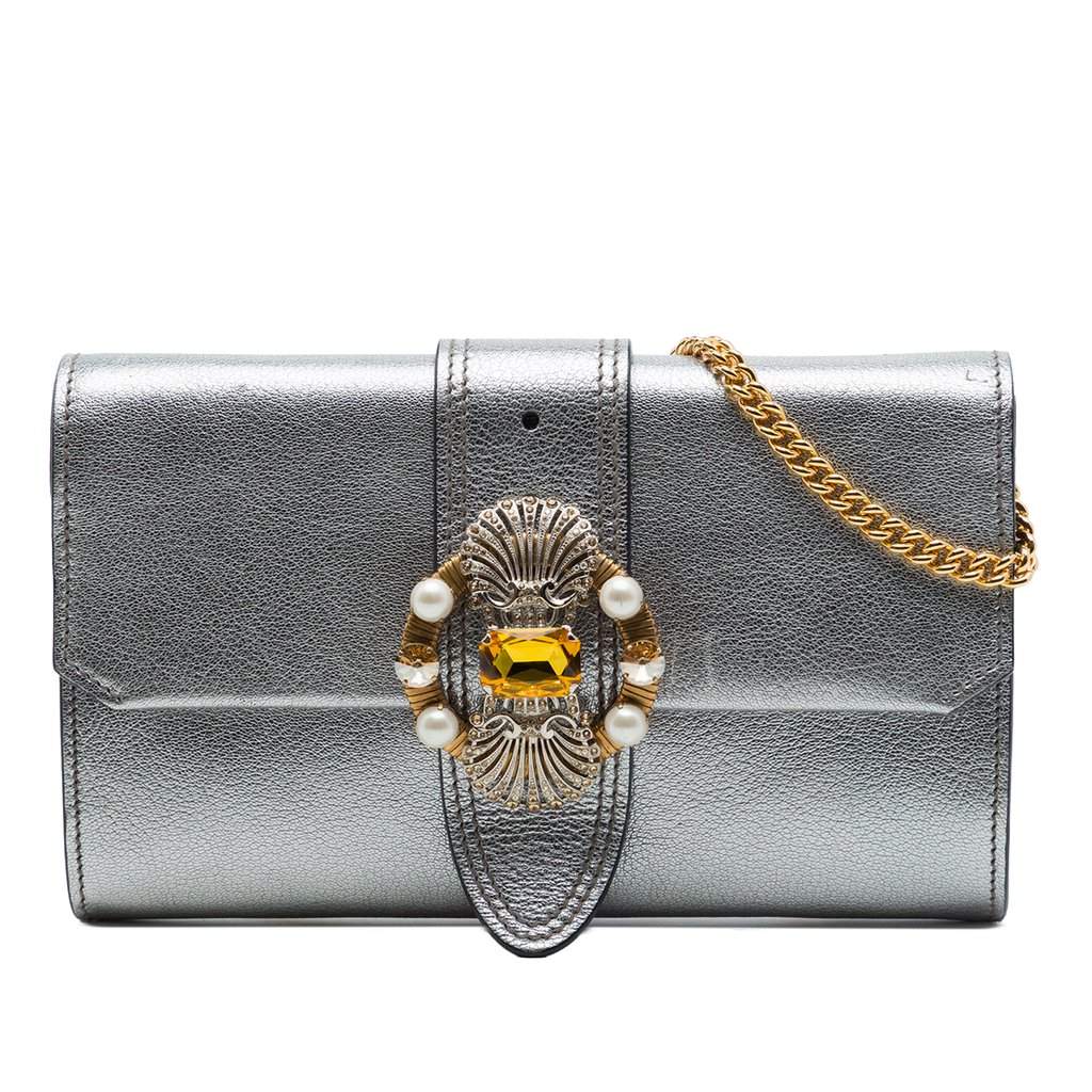 Miu Miu Metallic Goatskin Madras Crystal Embellished Crossbody Silver Leather Very good - Front View