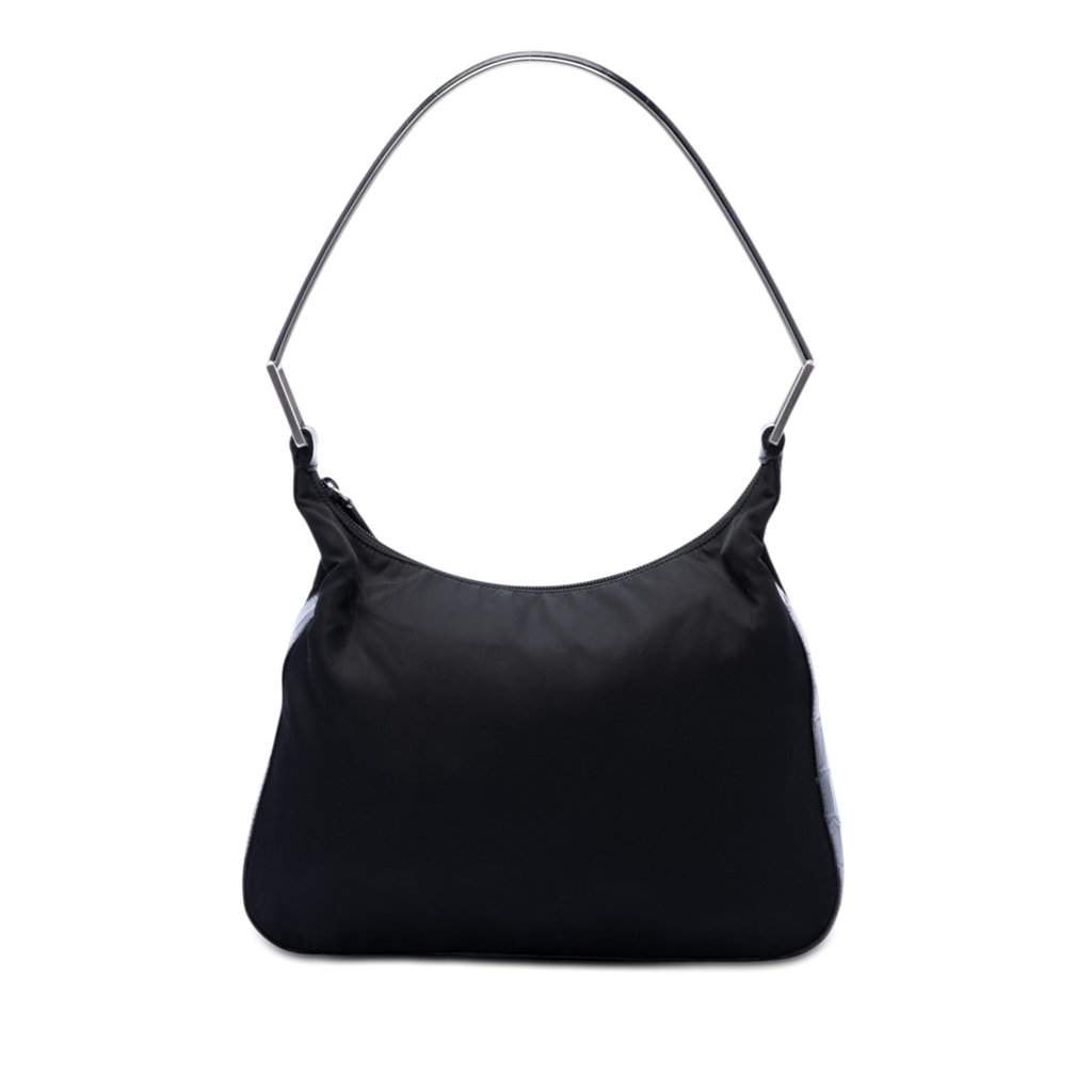 Prada Croc Embossed Leather Trimmed Tessuto Shoulder Bag Black Very good - Front View