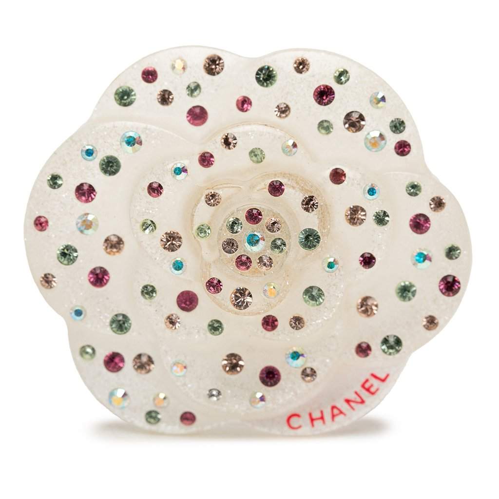 Chanel CC Resin and Crystal Camellia Brooch White Plastic Very good condition - Front View