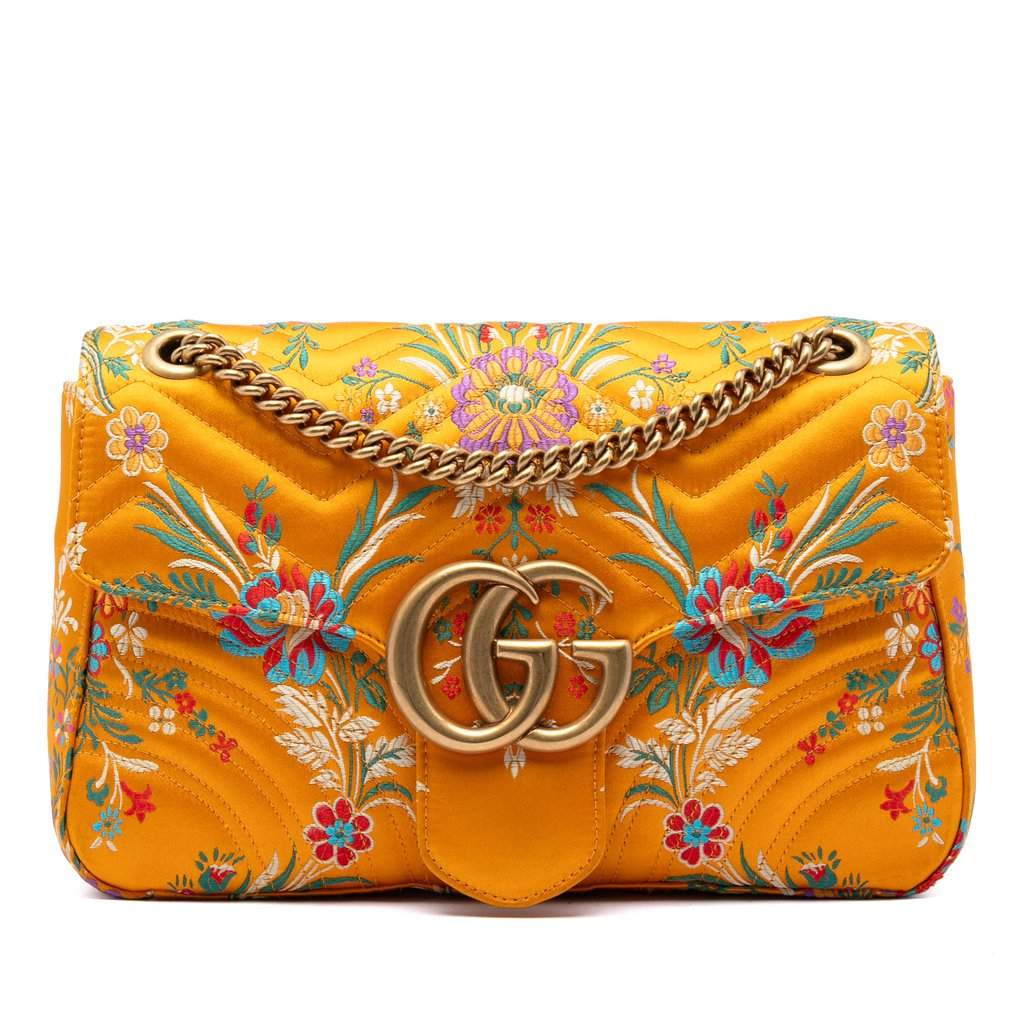 Gucci Large GG Marmont Matelasse Silk Embroidered Floral Shoulder Bag Yellow Very good condition - Front View