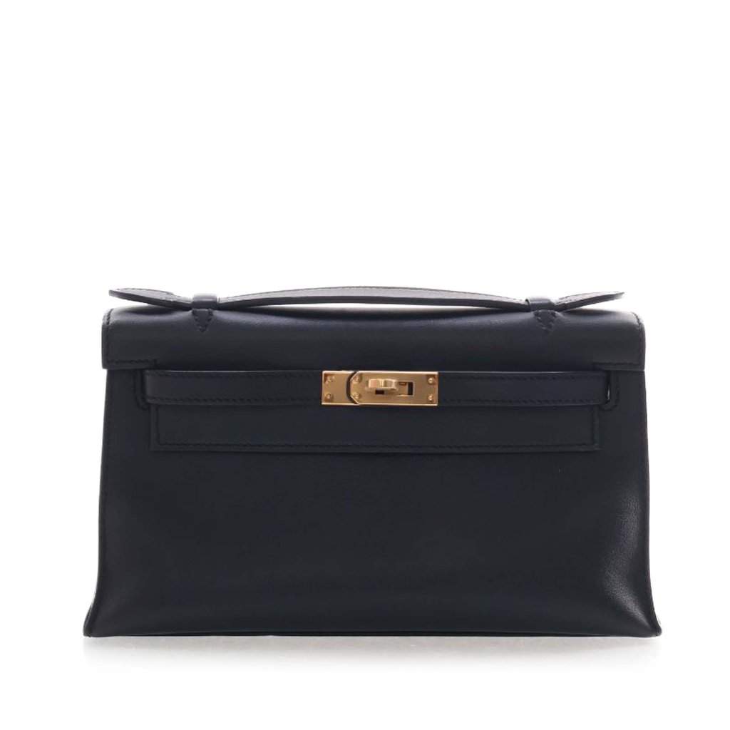 Hermès Swift Kelly Pochette 22 Black Leather Very good condition - Front View