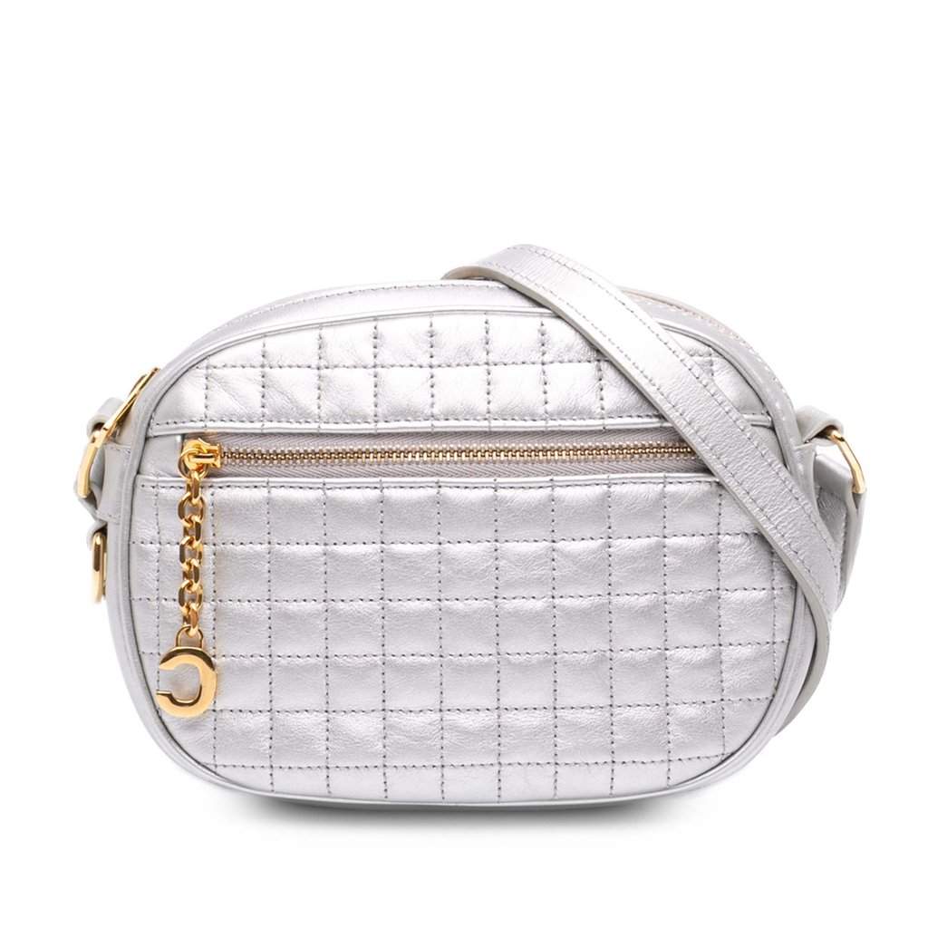 Celine Small Quilted Calfskin C Charm Camera Bag Silver Leather Very good - Front View