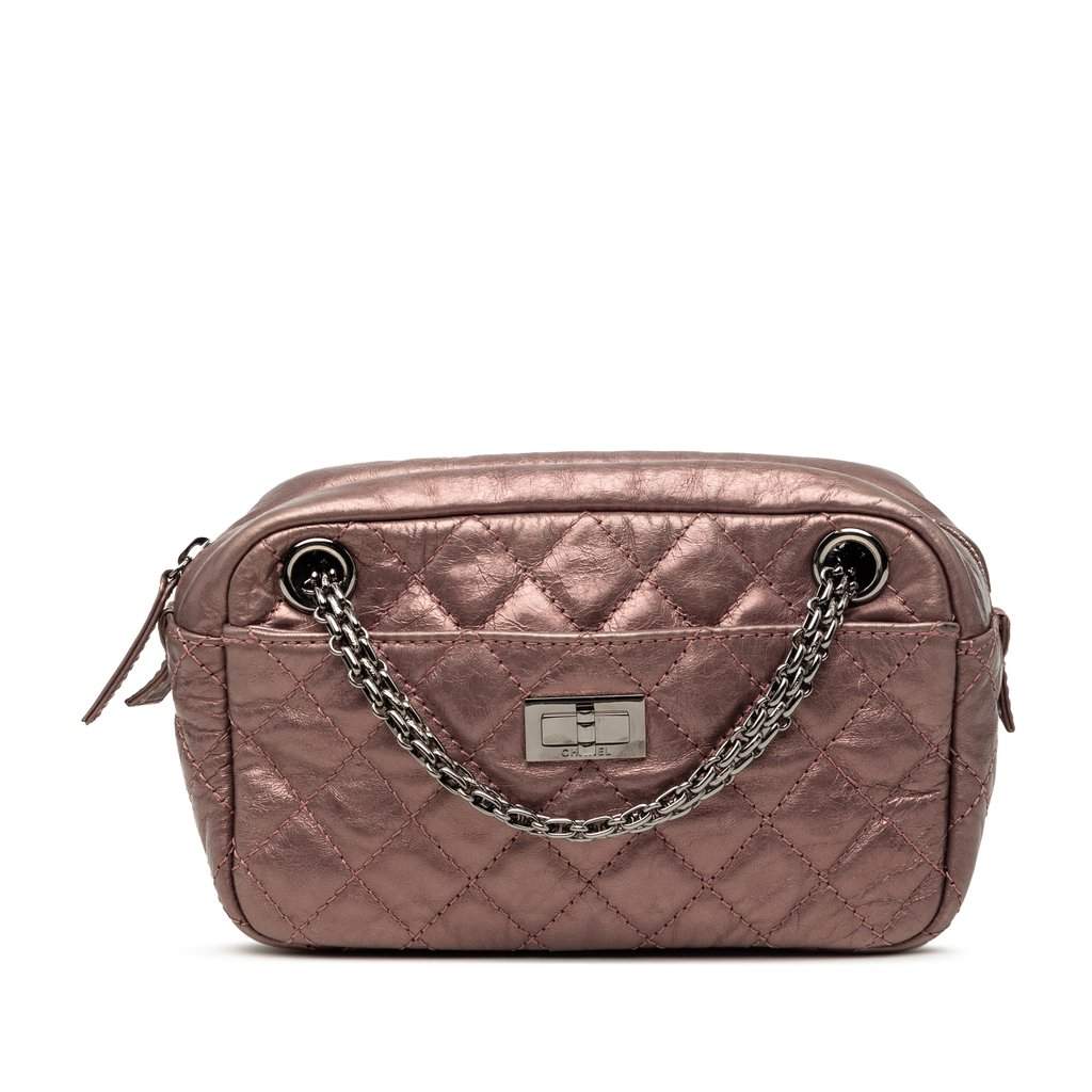 Chanel Small Metallic Quilted Aged Calfskin Reissue Camera Bag Pink Leather Very good condition - Front View