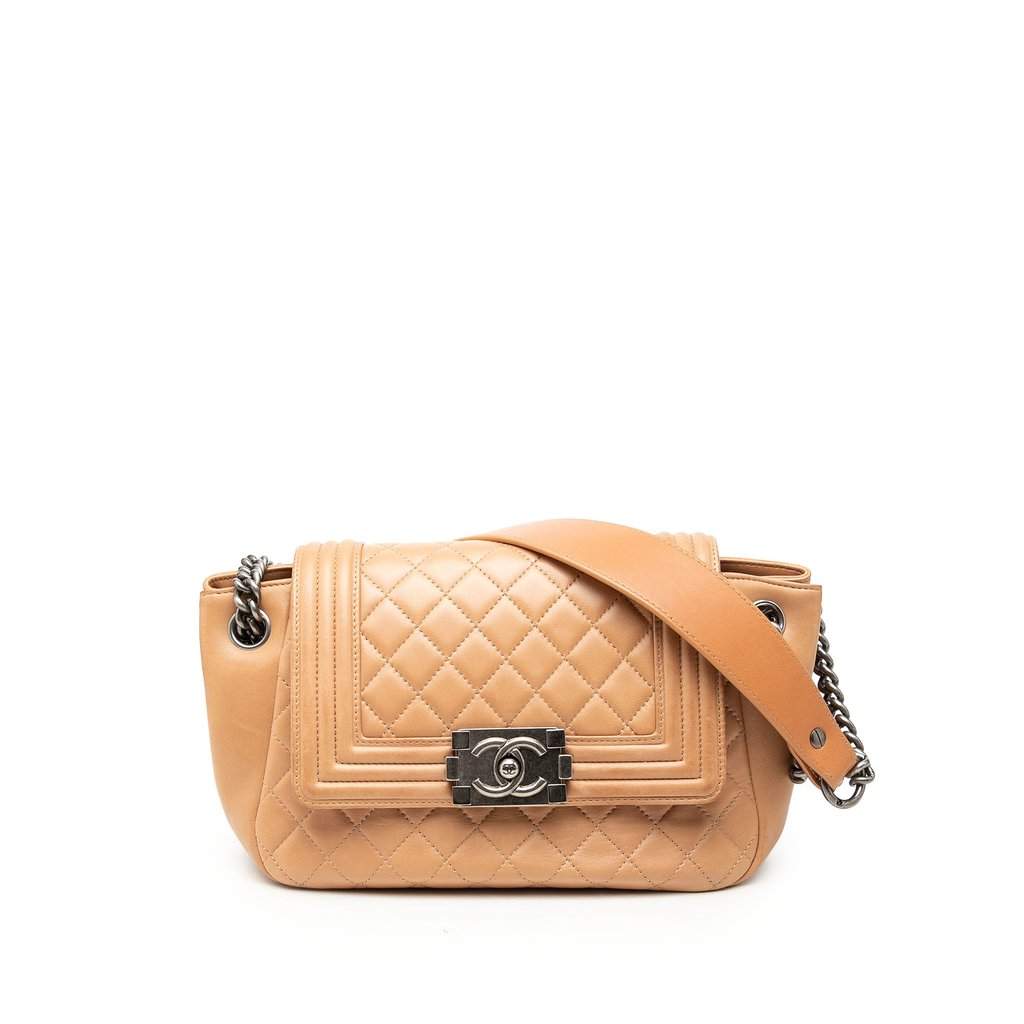 Chanel Quilted Lambskin Accordion Boy Flap Beige Leather Very good - Front View