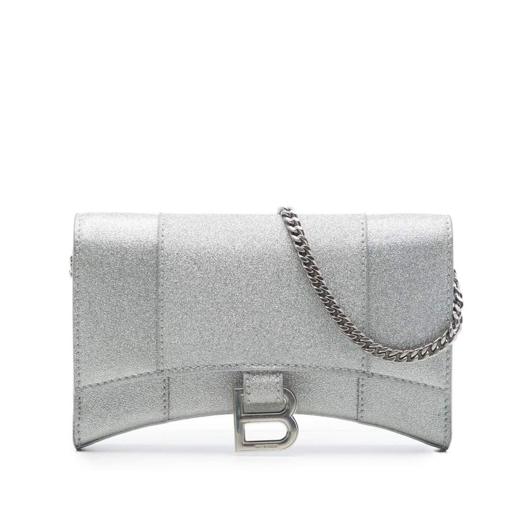 Balenciaga Glitter Fabric Hourglass Wallet On Chain Silver Very good - Front View