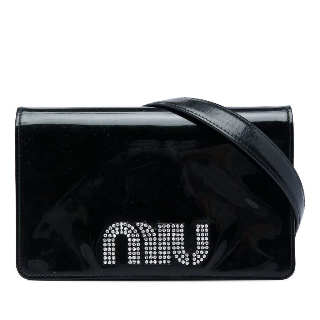Miu Miu Patent Crystal Embellished Logo Wallet On Chain Black Leather Very good - Front View