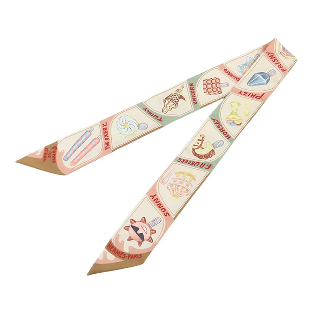 Hermès Funny Ice Cream Silk Twilly Scarf Beige Very good condition - Front View
