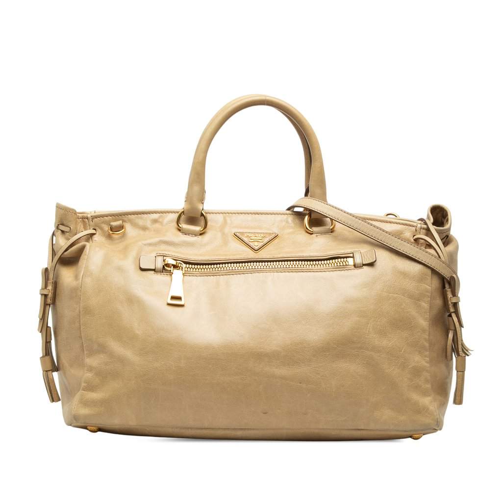 Prada Vitello Shine Satchel Beige Leather Very good - Front View