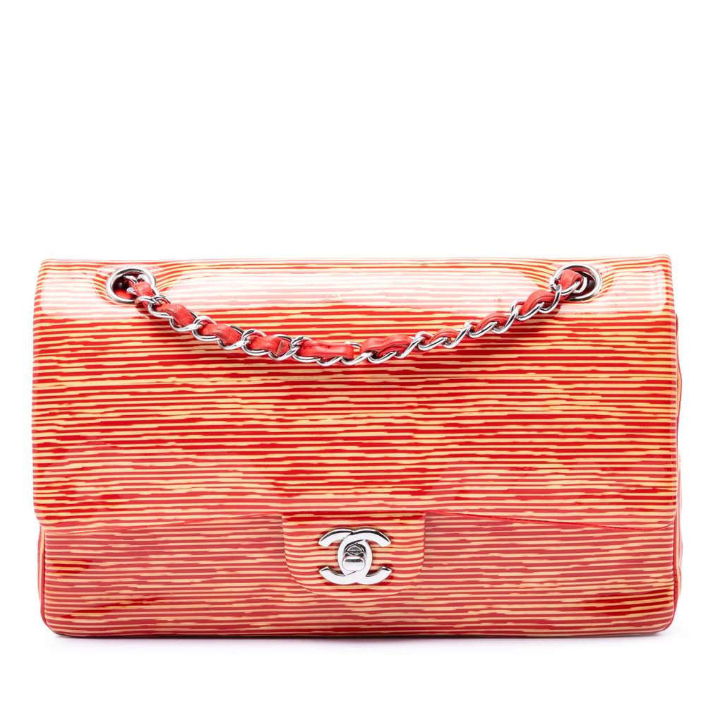 Chanel Medium Classic Patent Striped Double Flap Orange Leather Very good - Front View