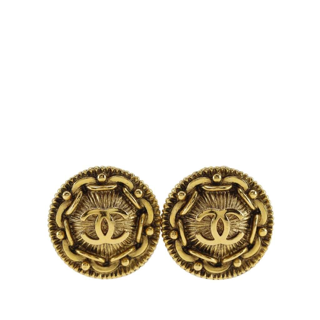 Chanel CC Gold Plated Medallion Clip On Earrings Gold Metal Very good - Front View
