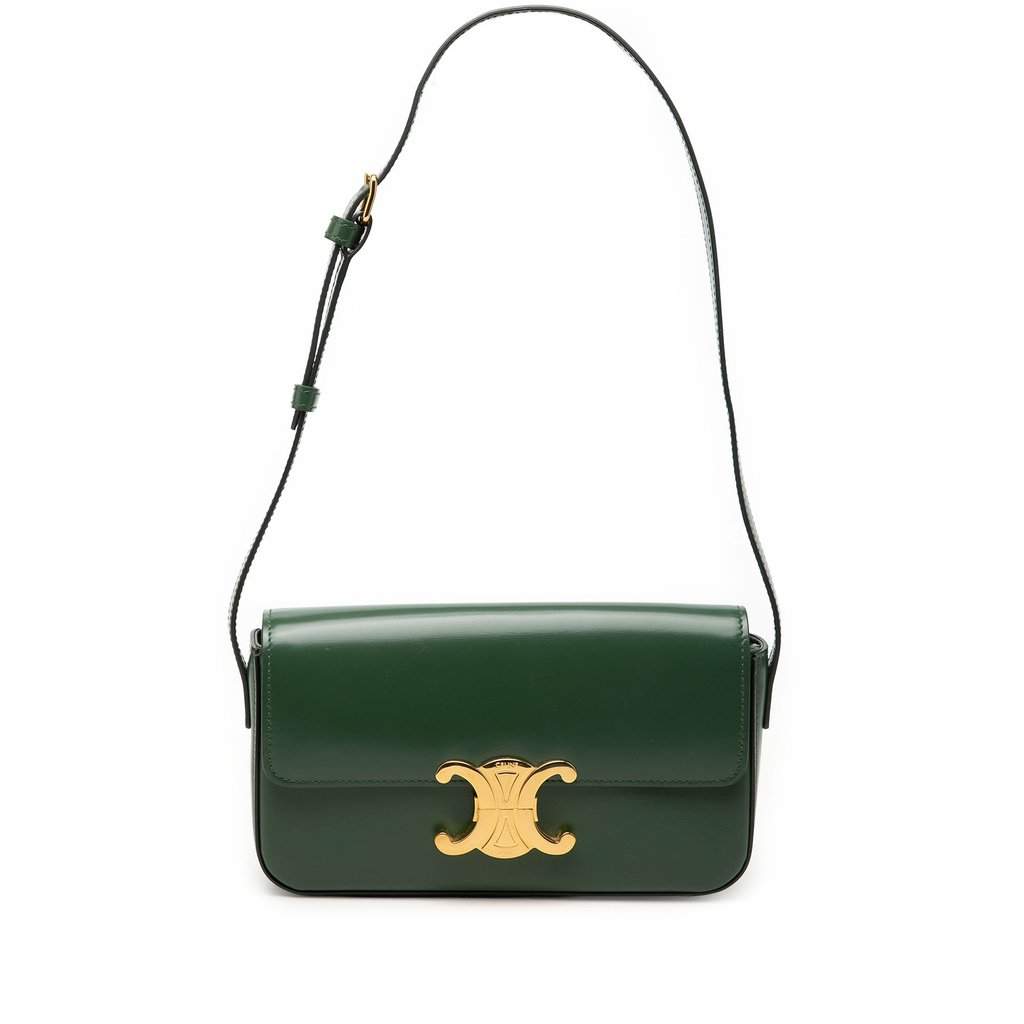 Celine Shiny Calfskin Claude Shoulder Bag Green Leather Very good condition - Front View