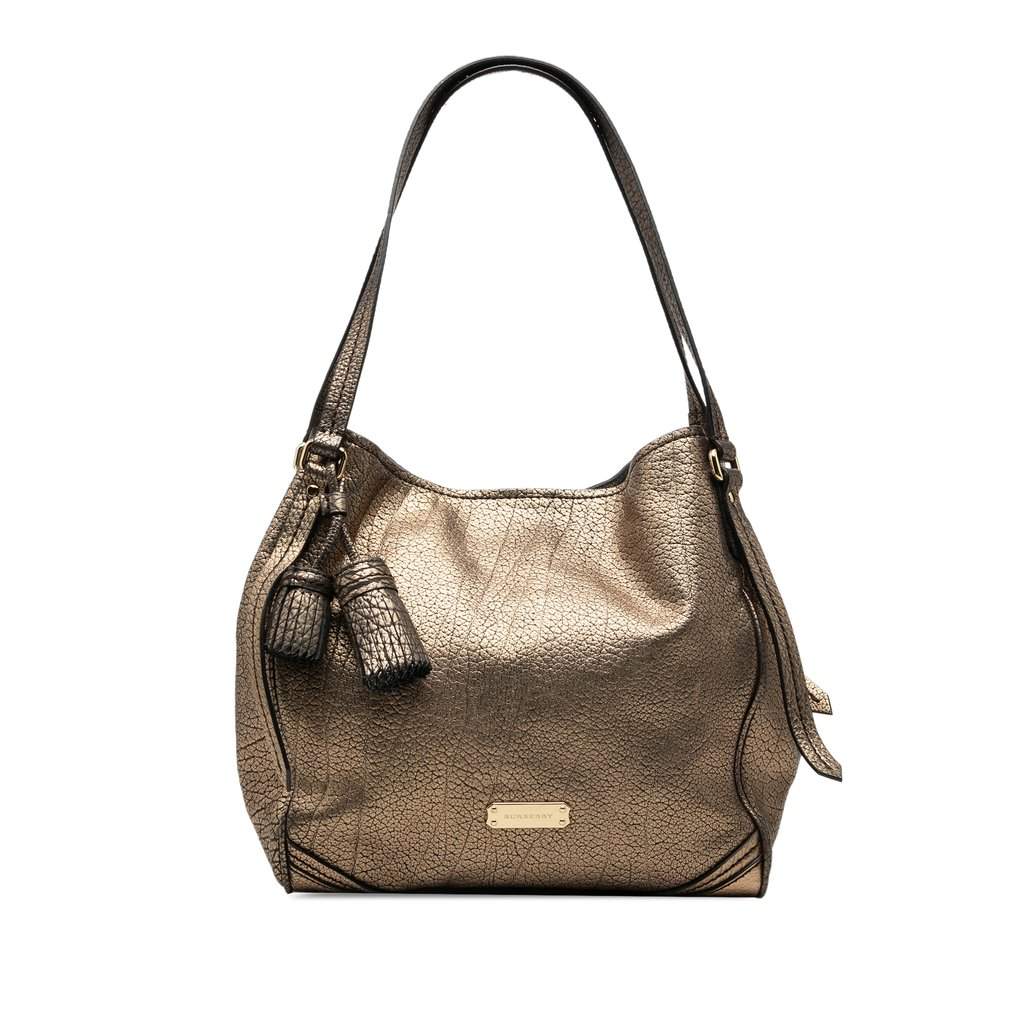 Burberry Small Metallic Grained Calfskin Saddle Stitch Canterbury Tassel Tote Gold Leather Very good condition - Front View