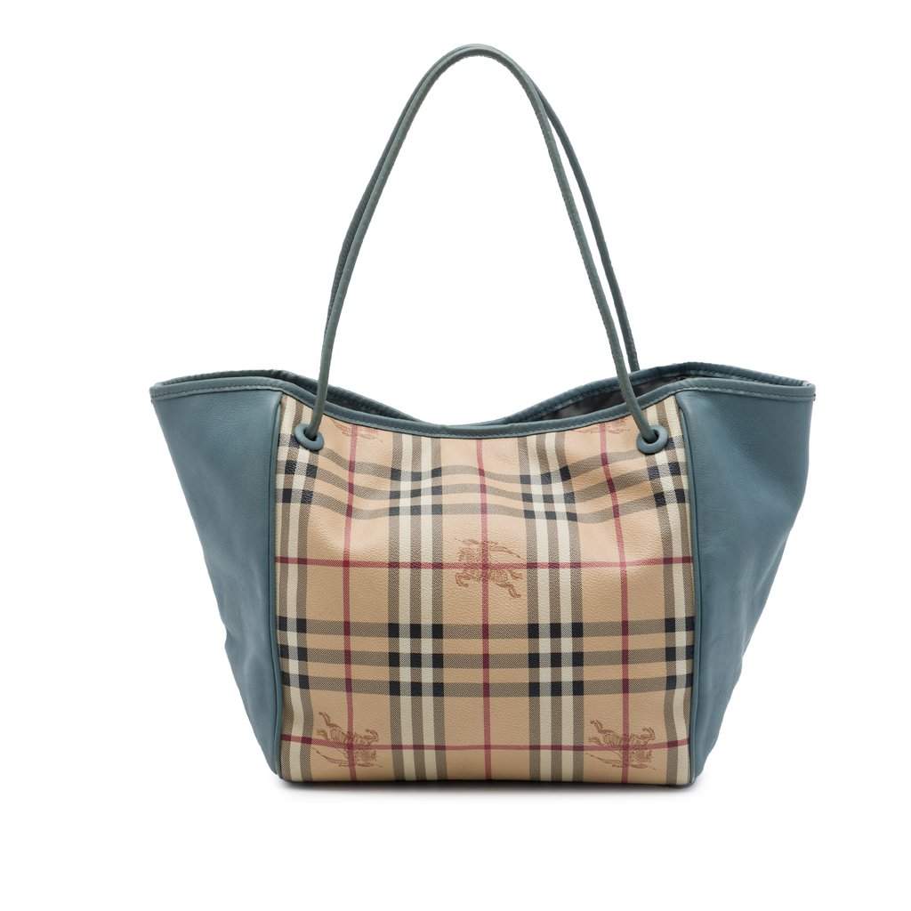Burberry Small Haymarket Check Coated Canvas and Calfskin Canterbury Tote Beige Very good - Front View