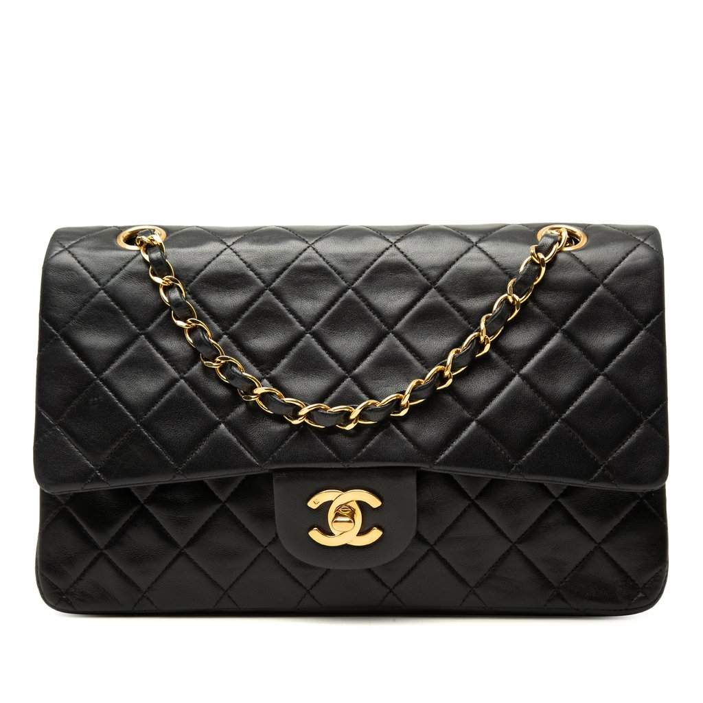 Chanel Medium Classic Lambskin Double Flap Black Leather Very good - Front View