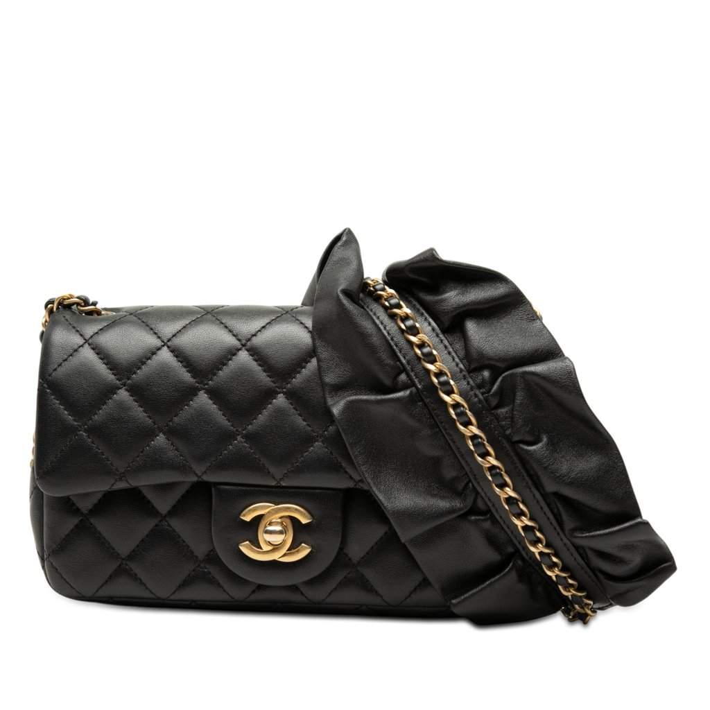 Chanel Mini Rectangular Classic Lambskin Romance Single Flap Black Leather Very good condition - Front View