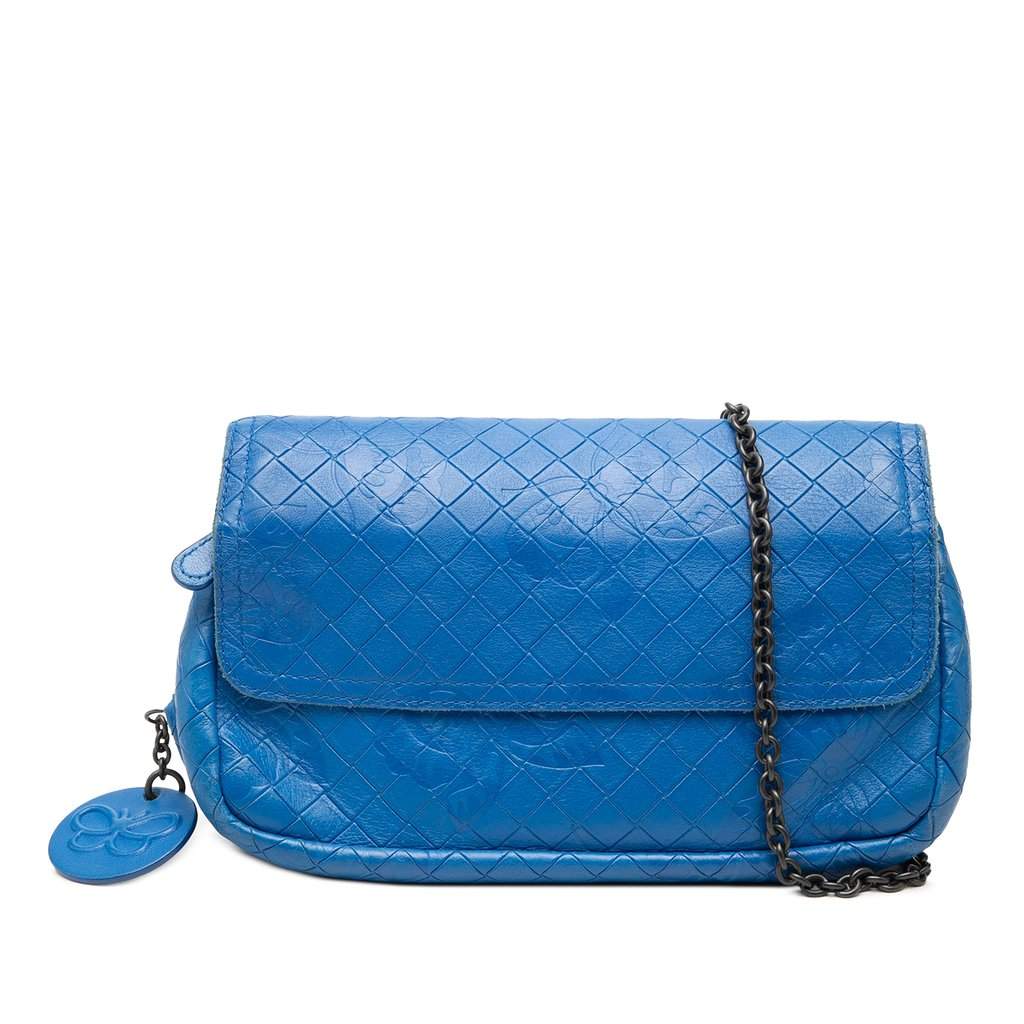 Bottega Veneta Small Calfskin Intrecciomirage Embossed Butterfly Chain Crossbody Blue Leather Very good - Front View