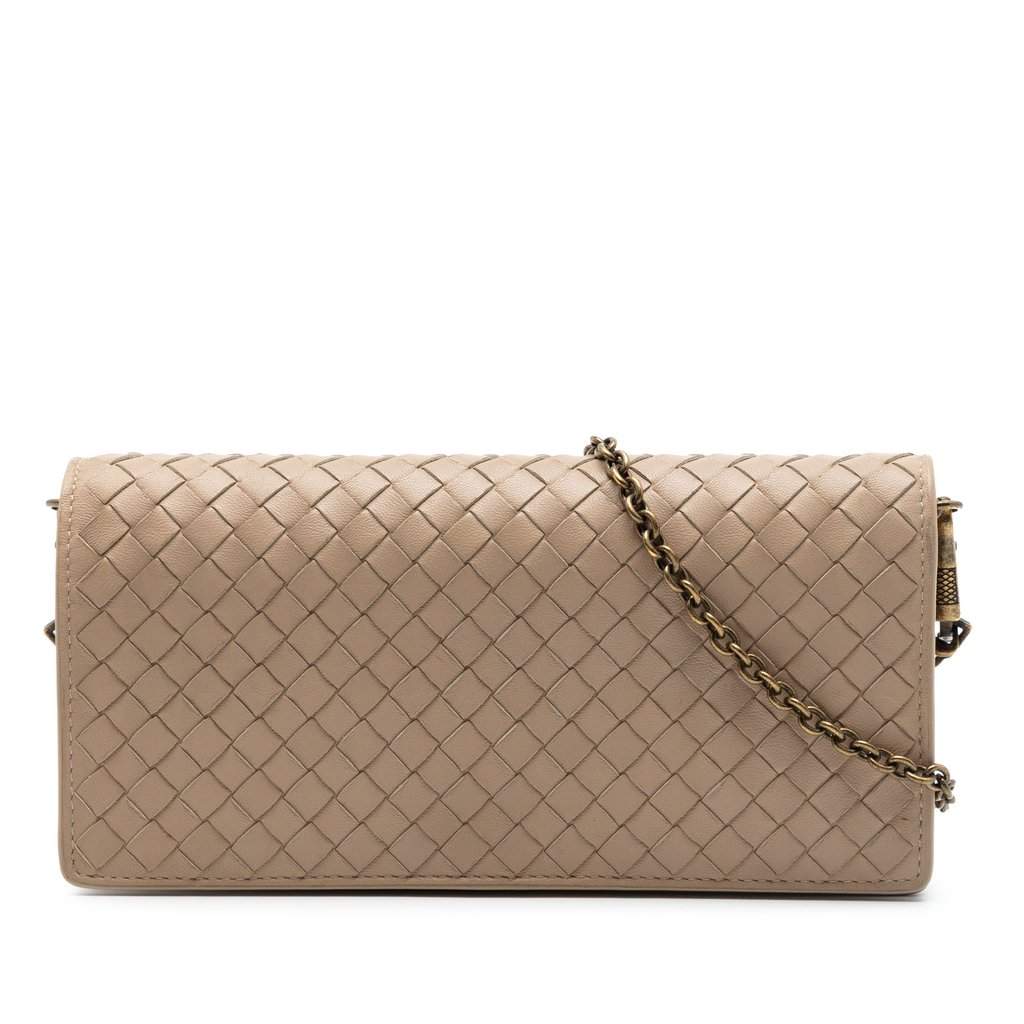Bottega Veneta Nappa Intrecciato Wallet On Chain Brown Leather Very good condition - Front View