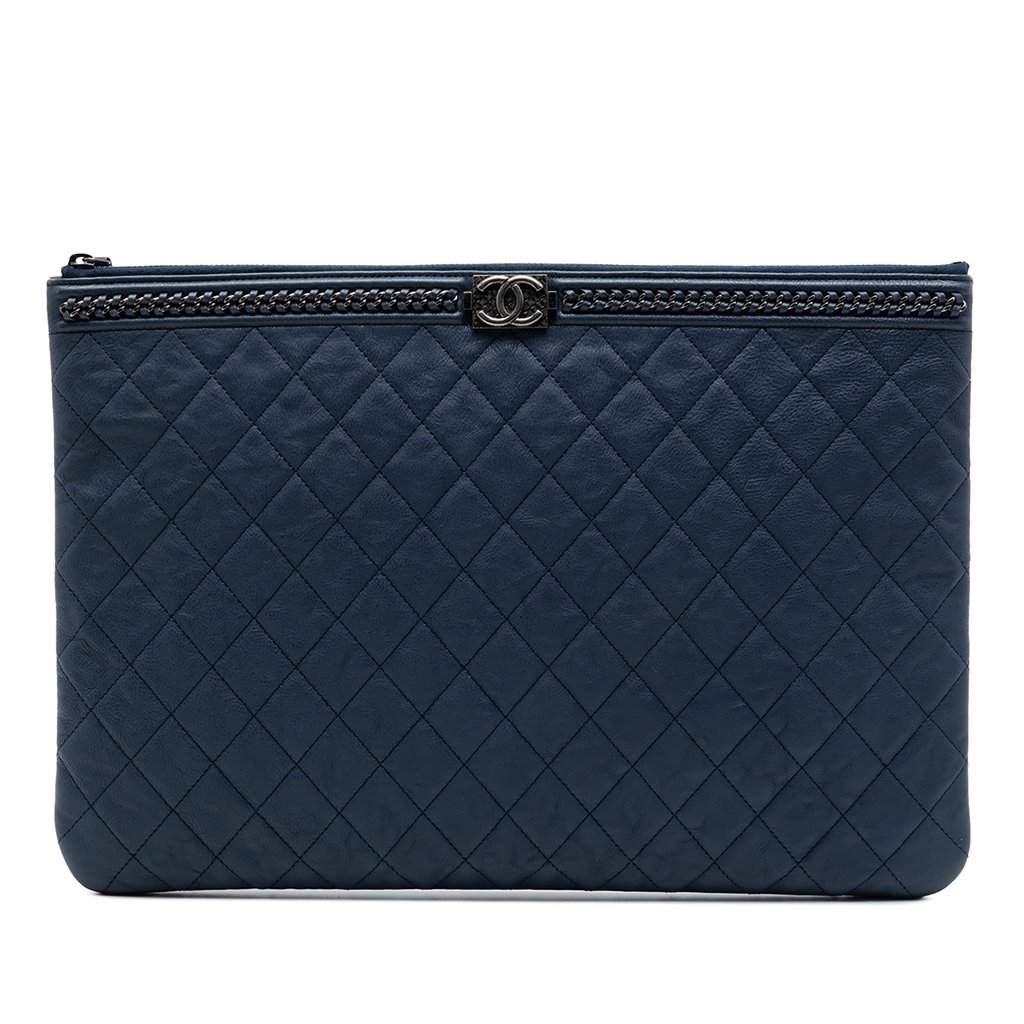 Chanel Large Quilted Calfskin Chain Boy O Case Clutch Blue Leather Very good condition - Front View