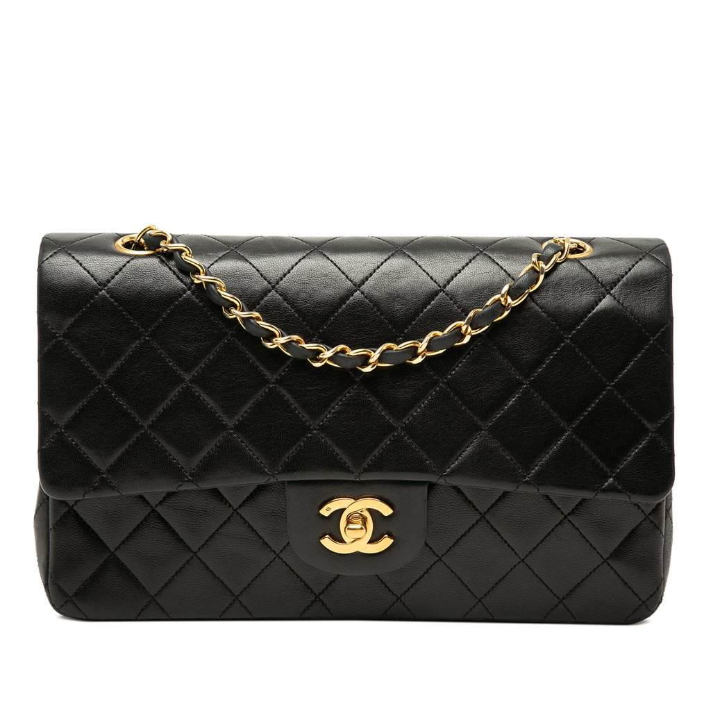 Chanel Medium Classic Lambskin Double Flap Black Leather Very good condition - Front View