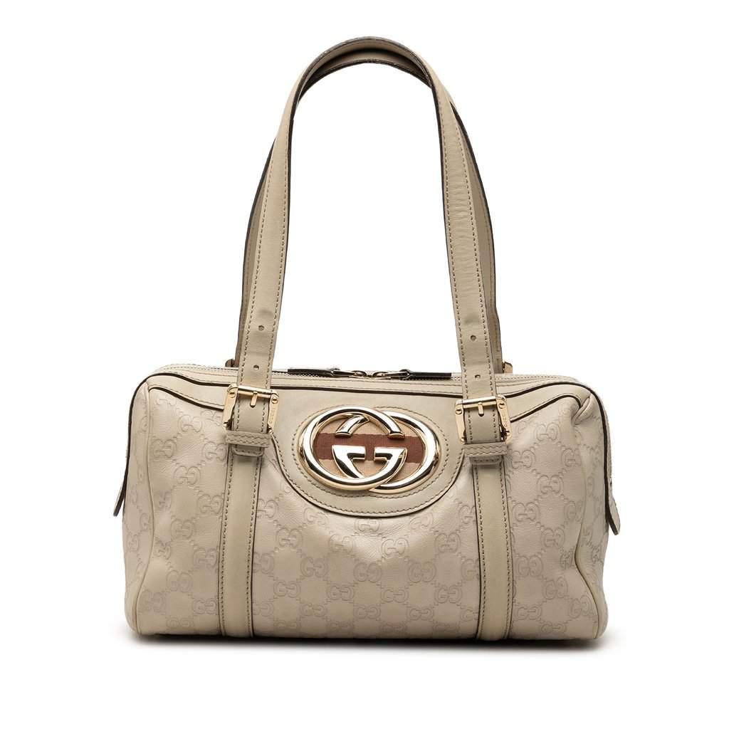 Gucci Guccissima Web Britt Boston Bag Brown Leather Very good - Front View