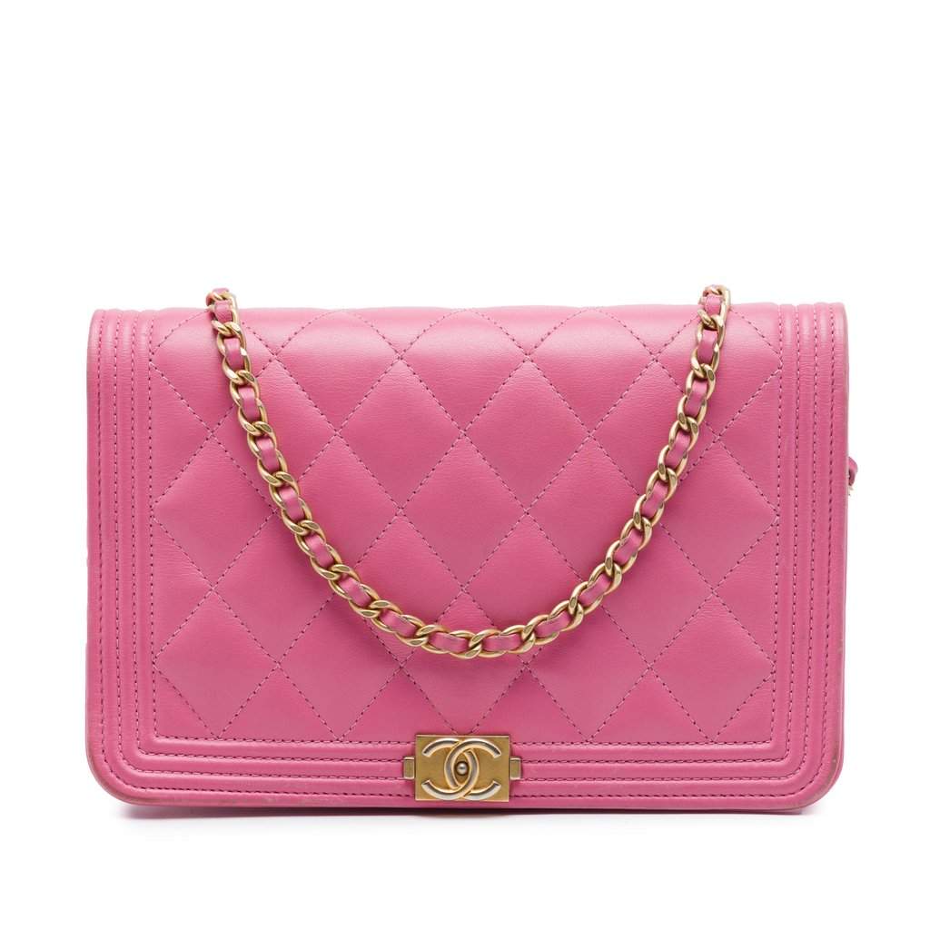 Chanel Quilted Lambskin Boy Wallet On Chain Pink Leather Very good - Front View