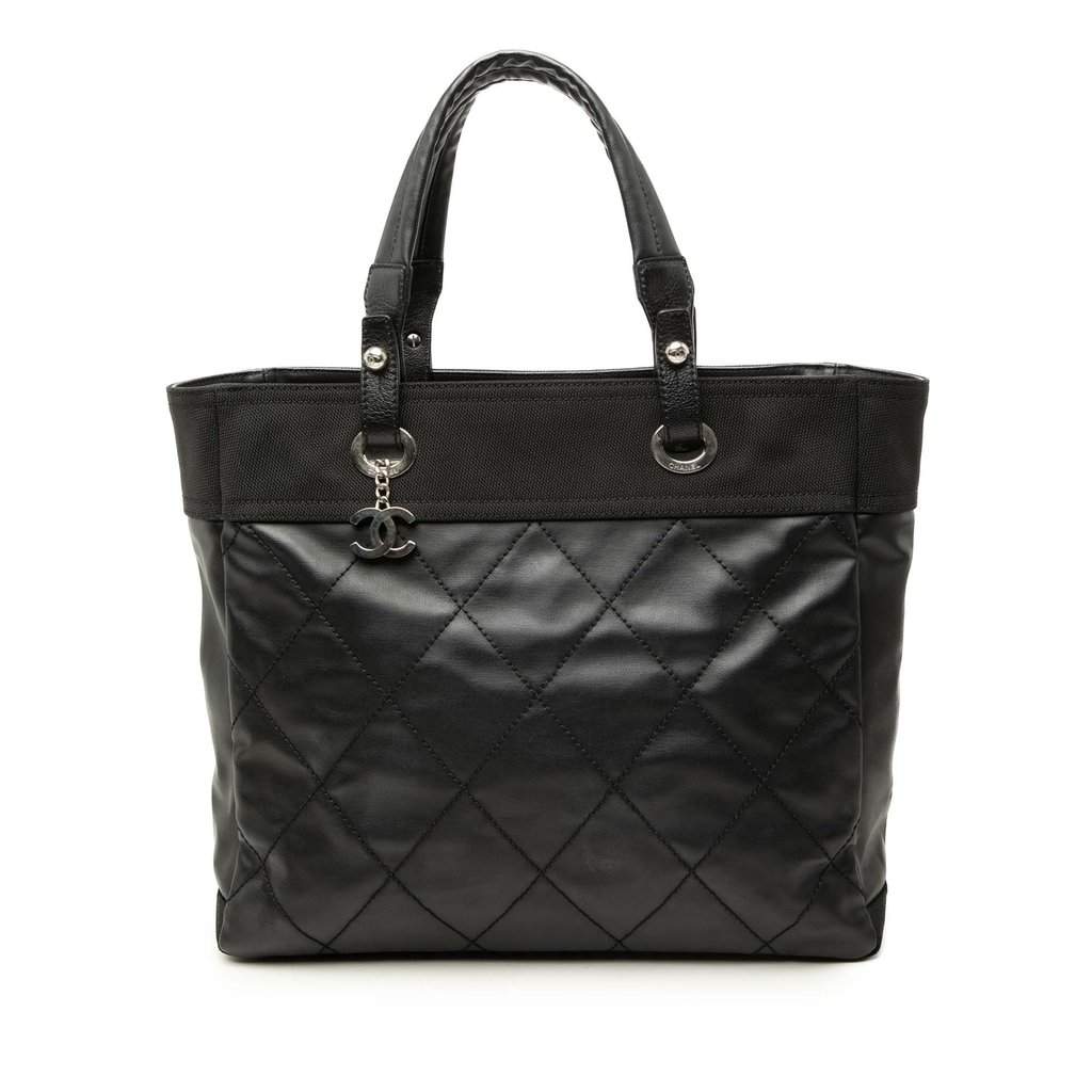 Chanel Medium Quilted Coated Canvas Paris Biarritz Tote Black Very good - Front View