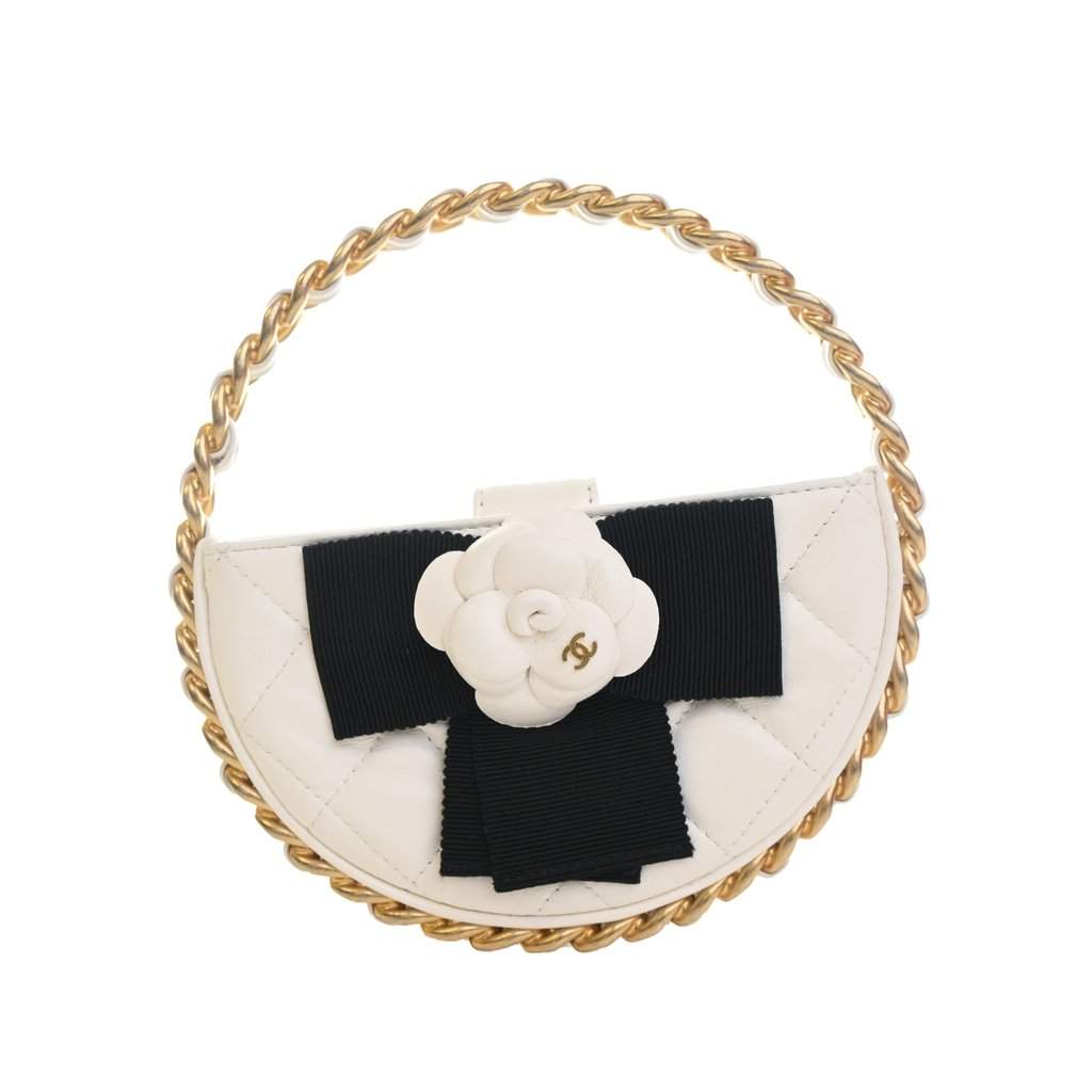 Chanel Mini Lambskin Round Camellia Clutch White Leather Very good - Front View