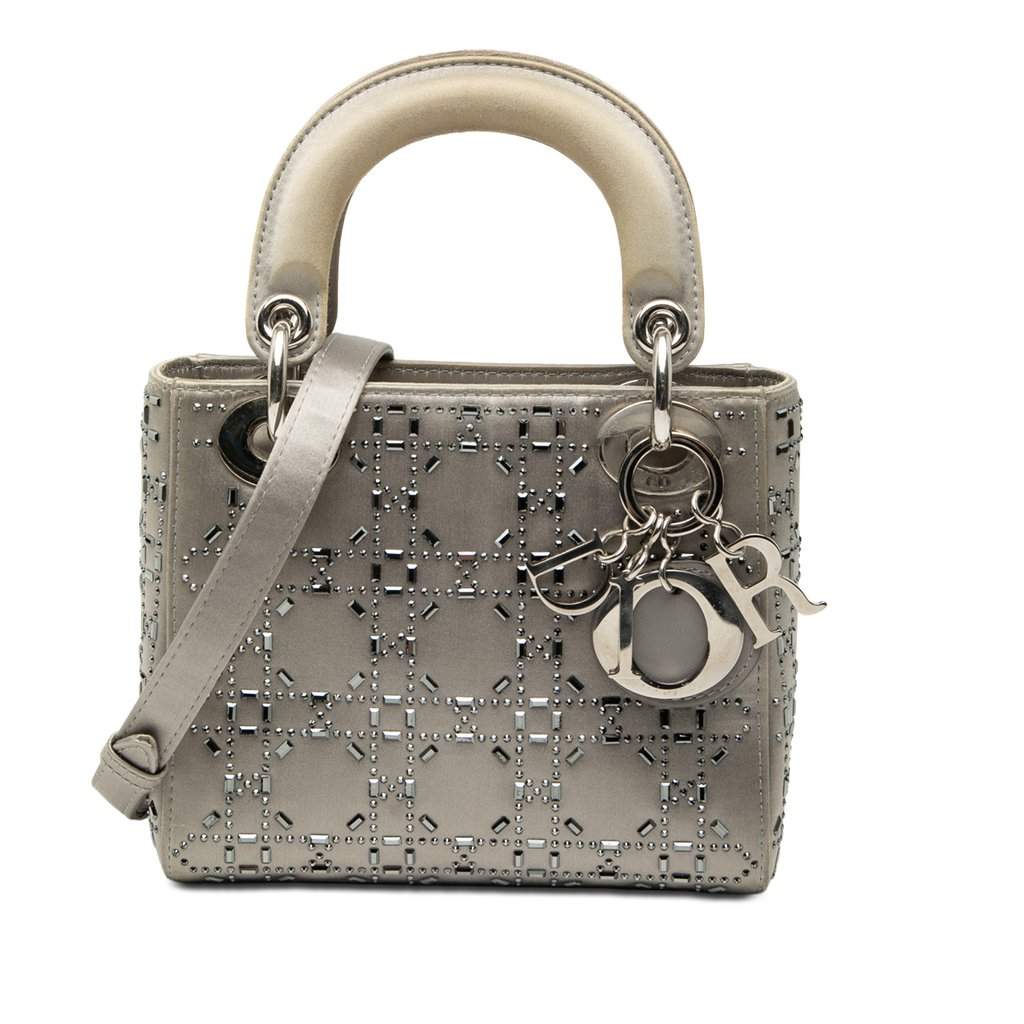 Dior Mini Satin Cannage Crystal Embellished Lady Dior Grey Very good - Front View