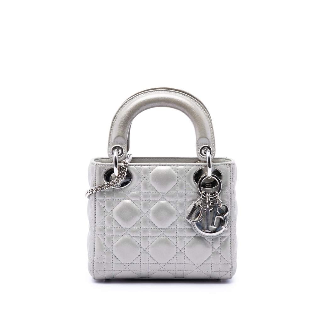 Dior Mini Iridescent Lambskin Cannage Lady Dior Silver Leather Very good condition - Front View