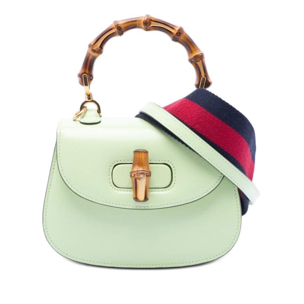 Gucci Mini Calfskin Web 1947 Bamboo Top Handle Bag Green Leather Very good condition - Front View