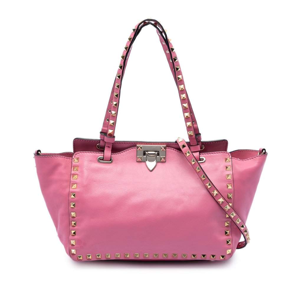 Valentino Small Leather Rockstud Trapeze Satchel Pink Leather Very good - Front View