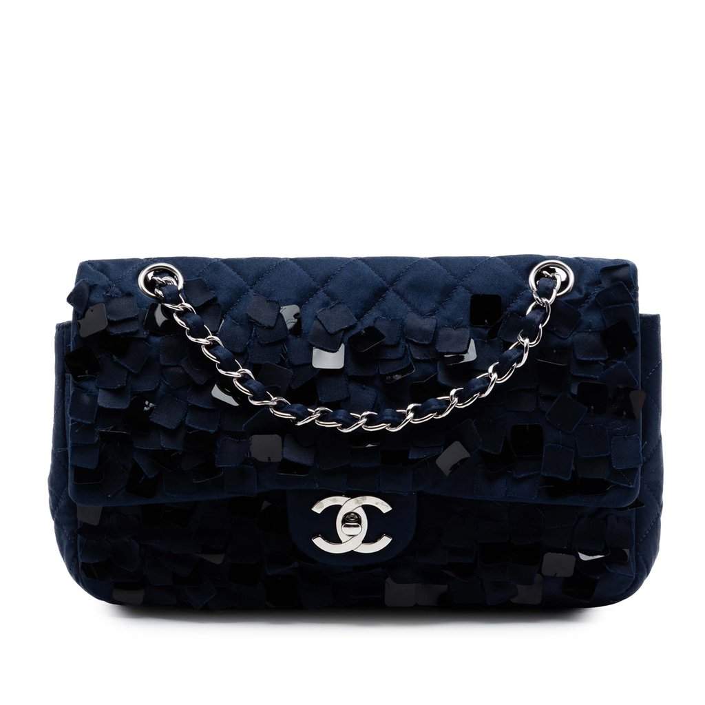 Chanel Medium Classic Satin Paillette Embellished Double Flap Blue Very good condition - Front View