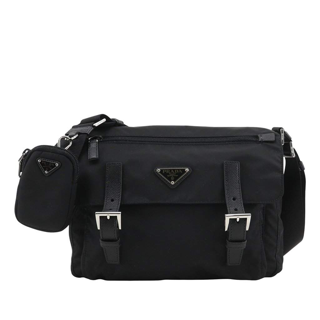 Prada Saffiano Trimmed Re Nylon Zip Double Buckle Messenger Bag Black Very good - Front View
