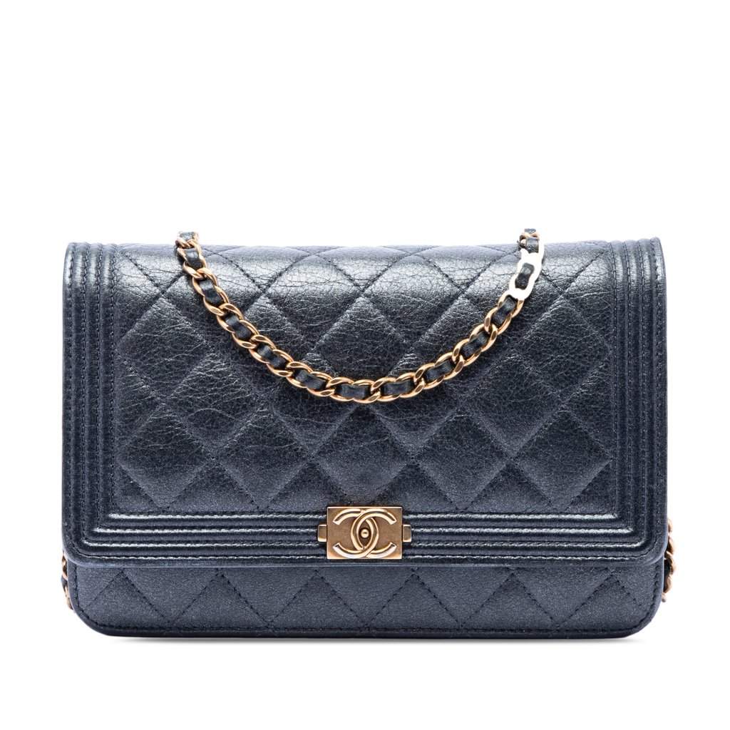 Chanel Quilted Metallic Calfskin Boy Wallet on Chain Black Leather Very good condition - Front View