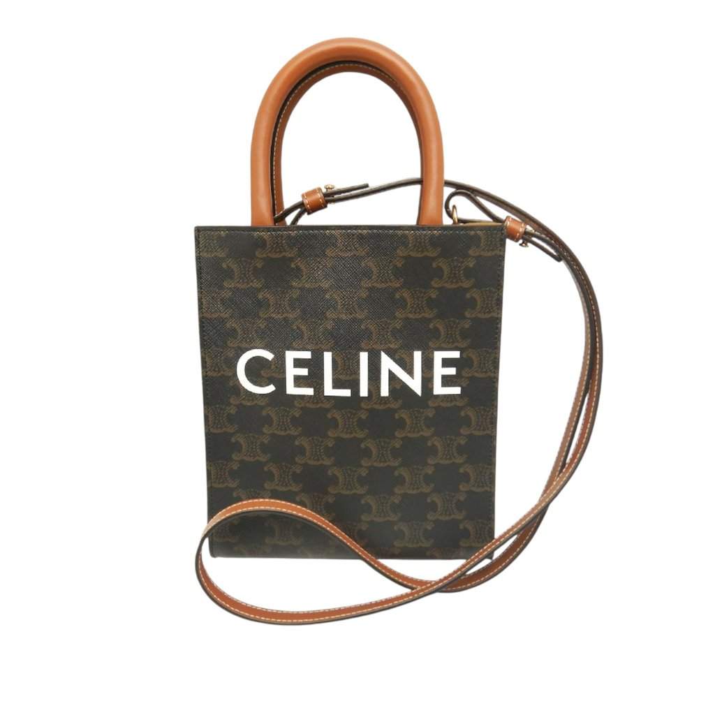 Celine Mini Triomphe Coated Canvas Vertical Cabas Satchel Brown Very good condition - Front View