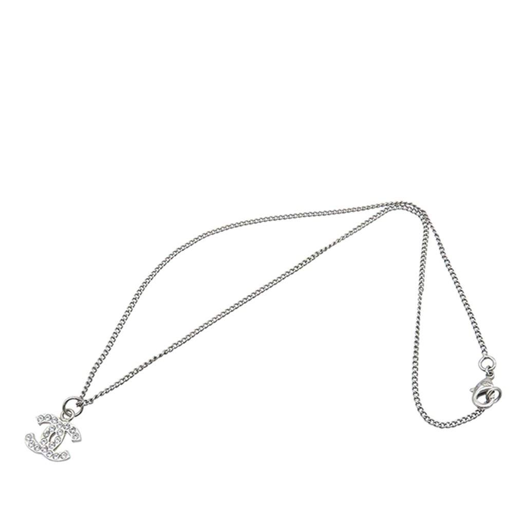 Chanel CC Brass and Strass Pendant Necklace Silver Metal Very good condition - Front View