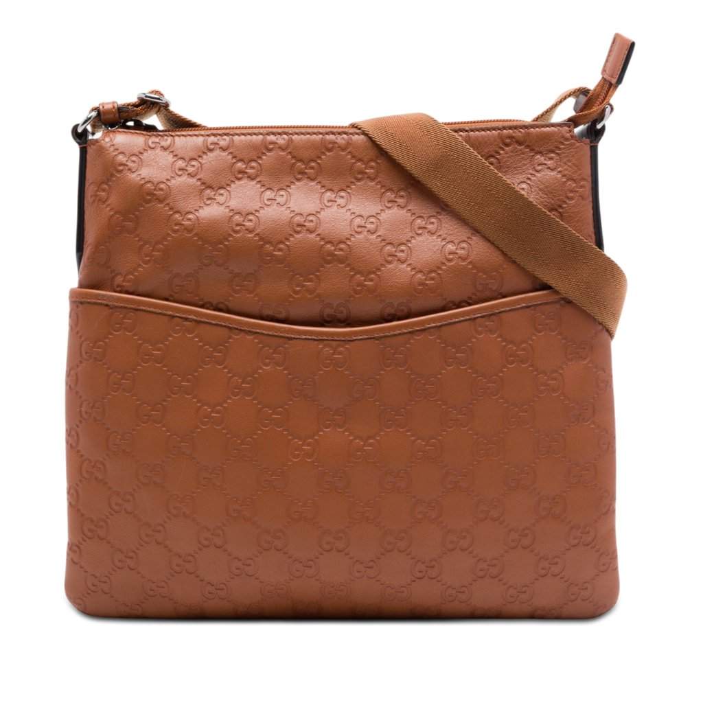 Gucci Guccissima Flat Messenger Bag Brown Leather Very good - Front View