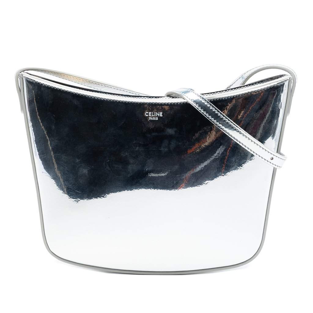 Celine Medium Mirror Calfskin Croque Shoulder Bag Silver Leather Very good condition - Front View