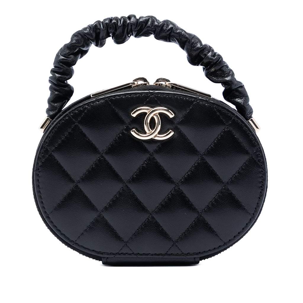Chanel CC Quilted Lambskin Oval Top Handle Clutch Black Leather Very good condition - Front View
