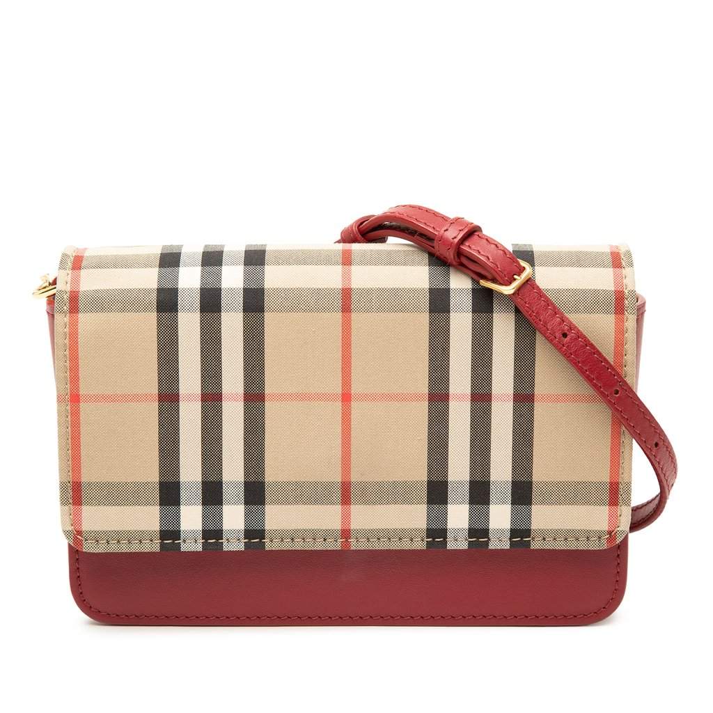 Burberry House Check Trimmed Leather Flap Crossbody Red Leather Very good condition - Front View