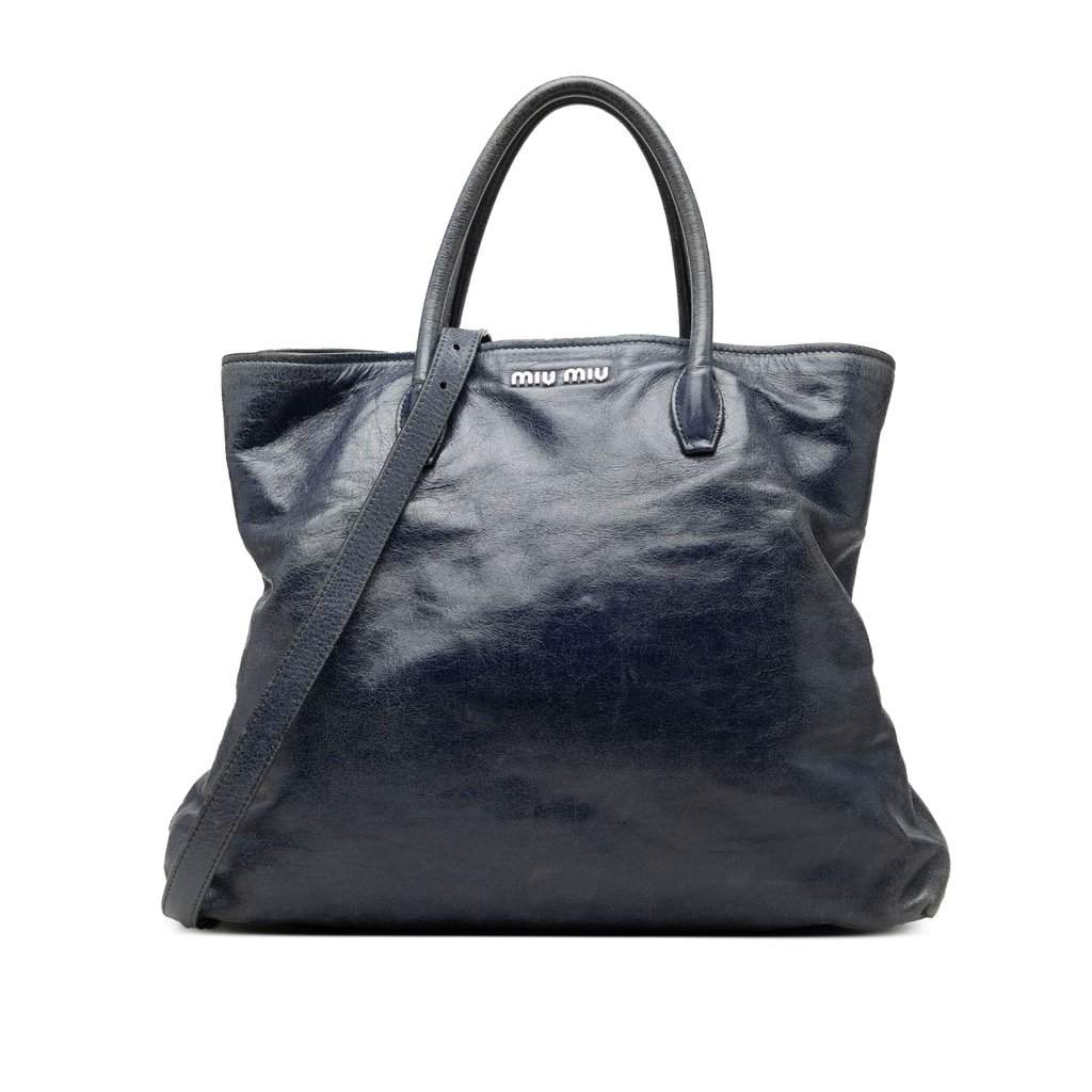Miu Miu Crinkled Calfskin Convertible Tote Blue Leather Good condition - Front View
