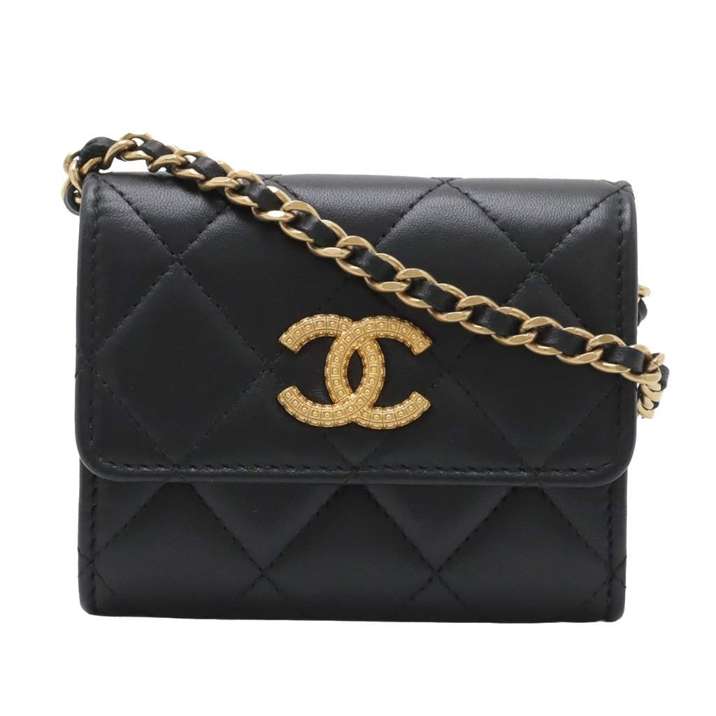 Chanel CC Quilted Lambskin Coin Purse With Chain Black Leather Very good - Front View