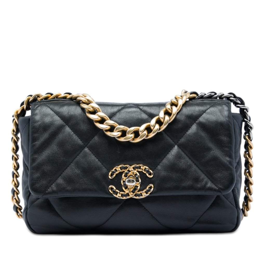 Chanel Medium Lambskin 19 Flap Black Leather Very good - Front View