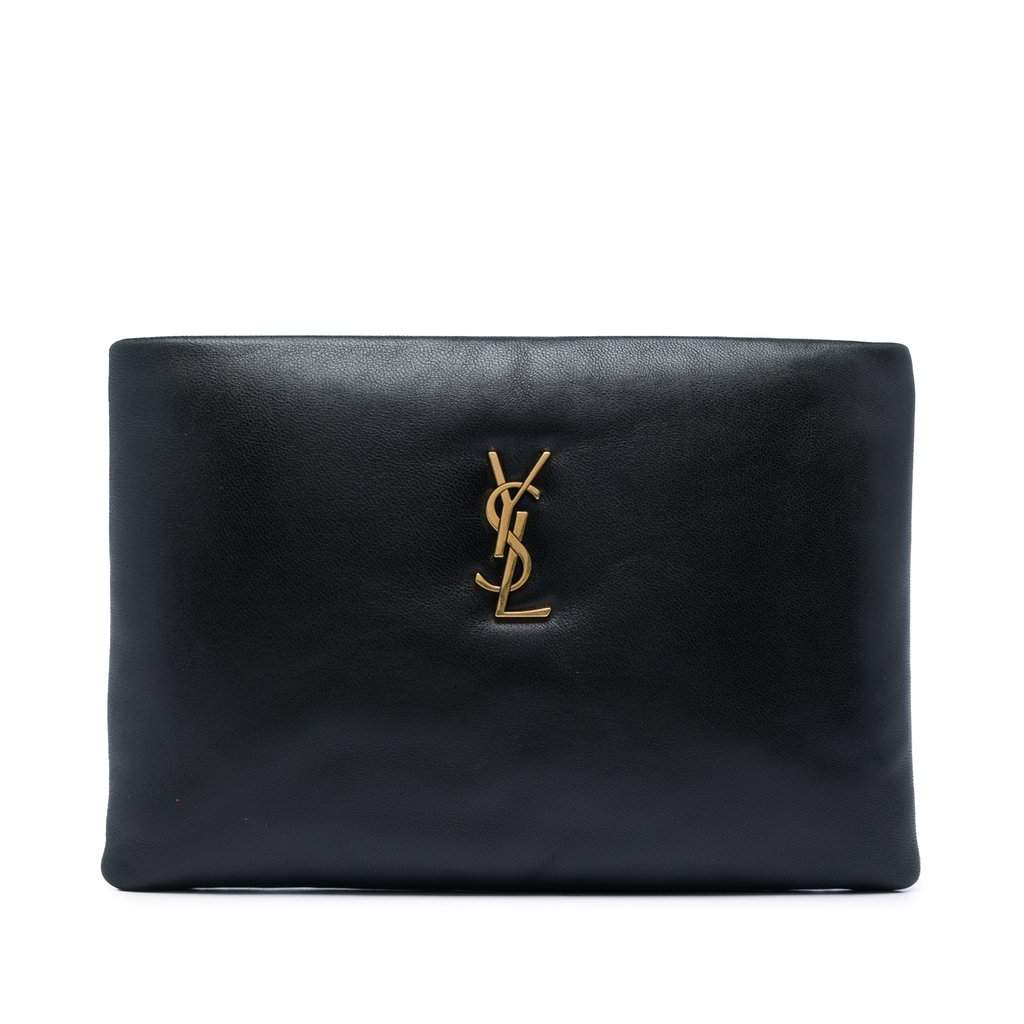 Saint Laurent Small Lambskin Calypso Zipped Pouch Black Leather Very good - Front View