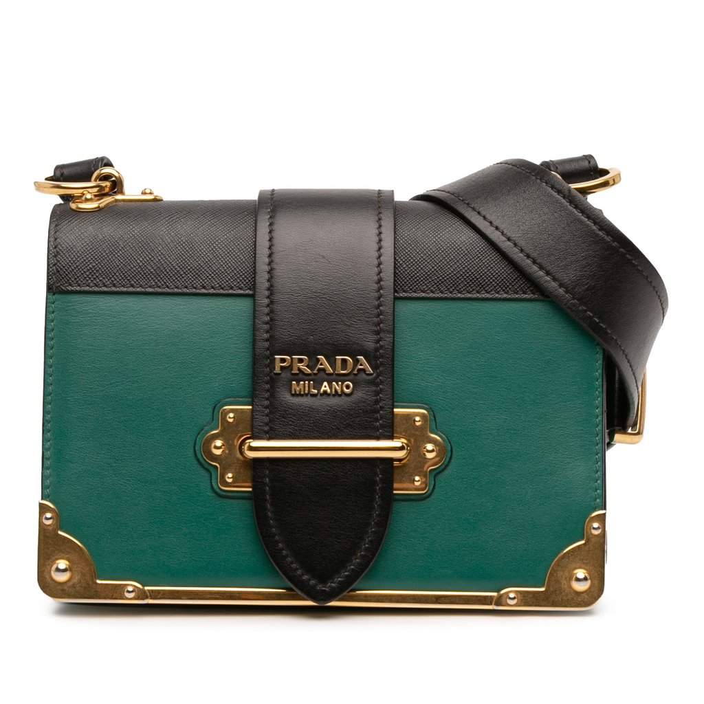 Prada Saffiano Trimmed City Calf Crystal Cahier Crossbody Green Leather Very good condition - Front View
