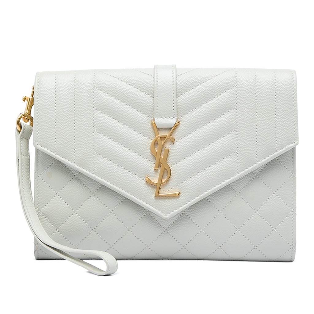 Saint Laurent Grain De Poudre Triquilt Monogram Envelope Clutch White Leather Very good - Front View