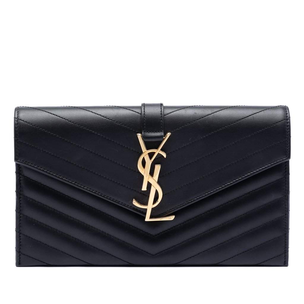 Saint Laurent Lambskin Chevron Monogram Clutch Black Leather Very good condition - Front View