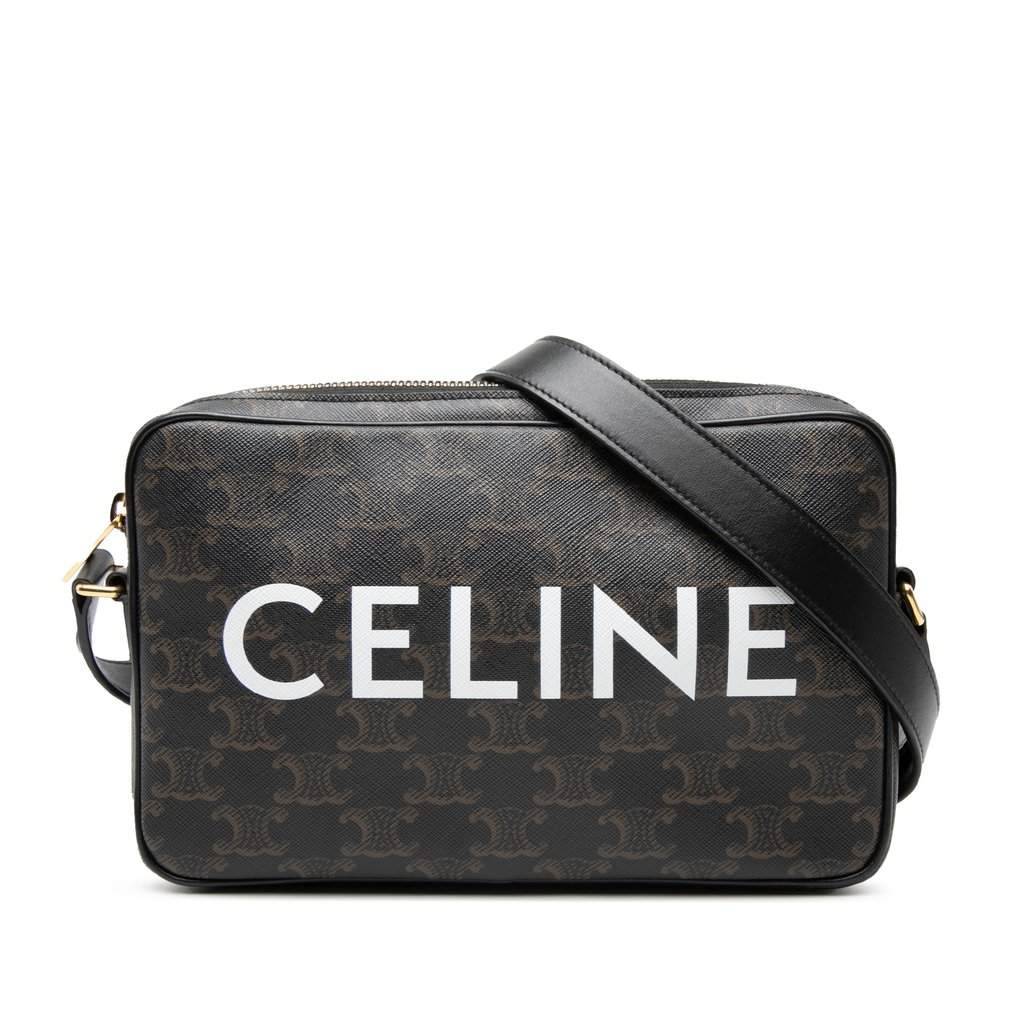 Celine Medium Triomphe Coated Canvas Logo Crossbody Black Very good - Front View